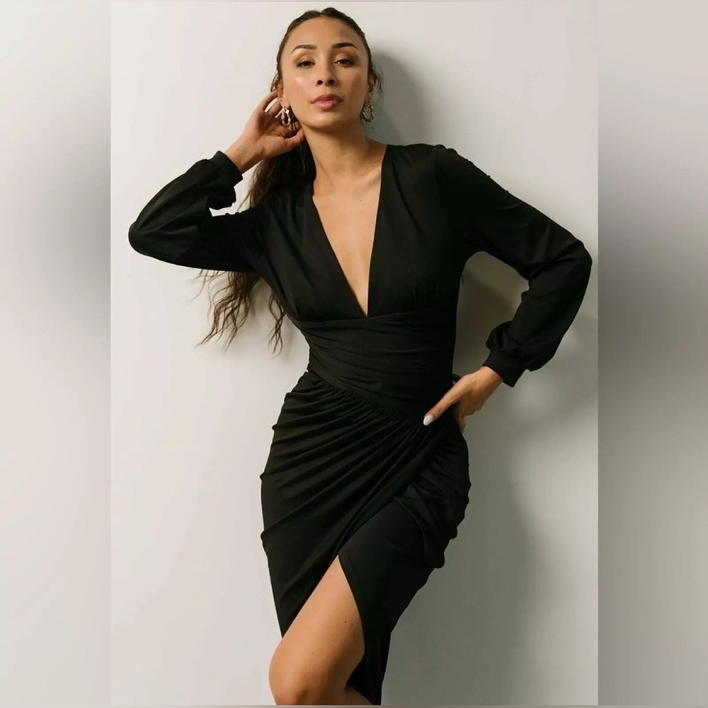 Baltic Born Women's Torino Ruched V-Neck Midi Dress Black Large Formal